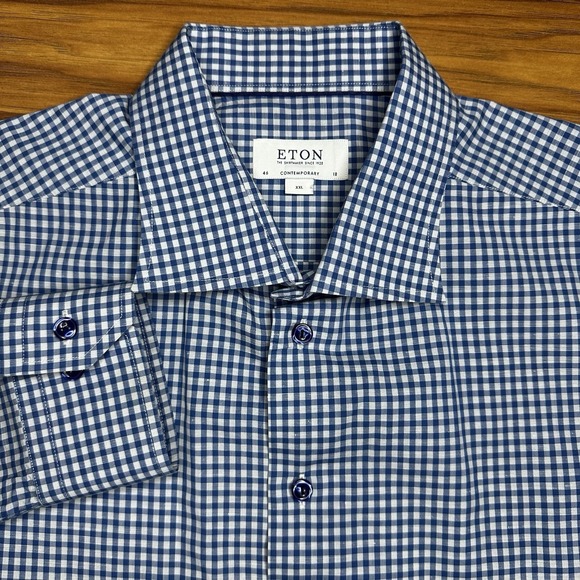 Eton Shirt Men XXL 18/46 Blue Gingham Check Plaid Contemporary Dress Long Sleeve - Picture 2 of 8